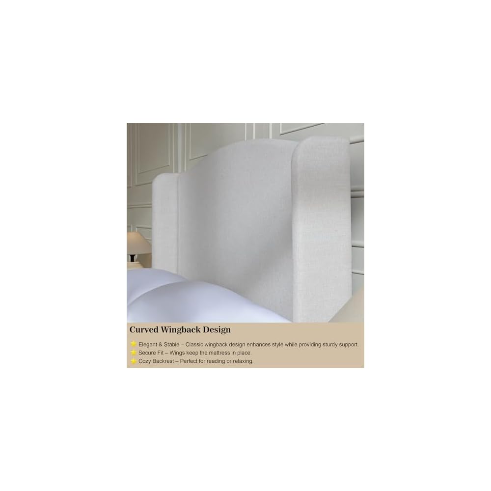 Upholstered Platform Wingback Bed Frame with 54" High Headboard, Solid Walnut Wood Feet, Sturdy Metal & Wood Slats (Chenille, Ivory White-R7902, Queen (U.S. Standard))