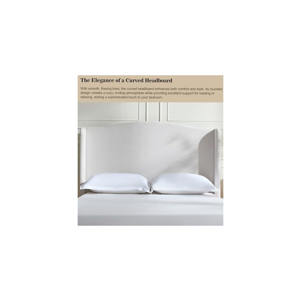 Upholstered Platform Wingback Bed Frame with 54" High Headboard, Solid Walnut Wood Feet, Sturdy Metal & Wood Slats (Chenille, Ivory White-R7902, Queen (U.S. Standard))