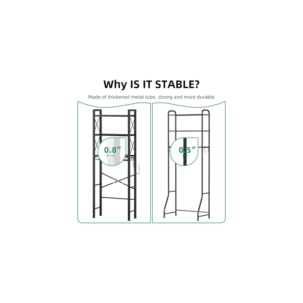 Kalrin Over The Toilet Storage with X Shape Side Guardrail, 3-Tier Over Toilet Storage Rack with Drain Basket, Freestanding Bathroom Organizer for Balcony Laundry, Pure Black