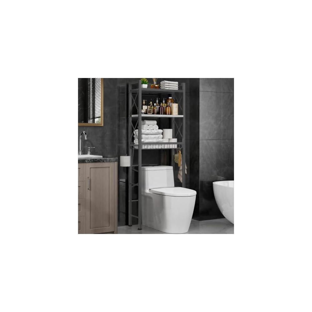 Kalrin Over The Toilet Storage with X Shape Side Guardrail, 3-Tier Over Toilet Storage Rack with Drain Basket, Freestanding Bathroom Organizer for Balcony Laundry, Pure Black