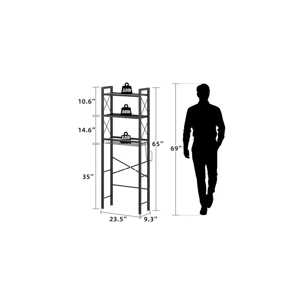 Kalrin Over The Toilet Storage with X Shape Side Guardrail, 3-Tier Over Toilet Storage Rack with Drain Basket, Freestanding Bathroom Organizer for Balcony Laundry, Pure Black