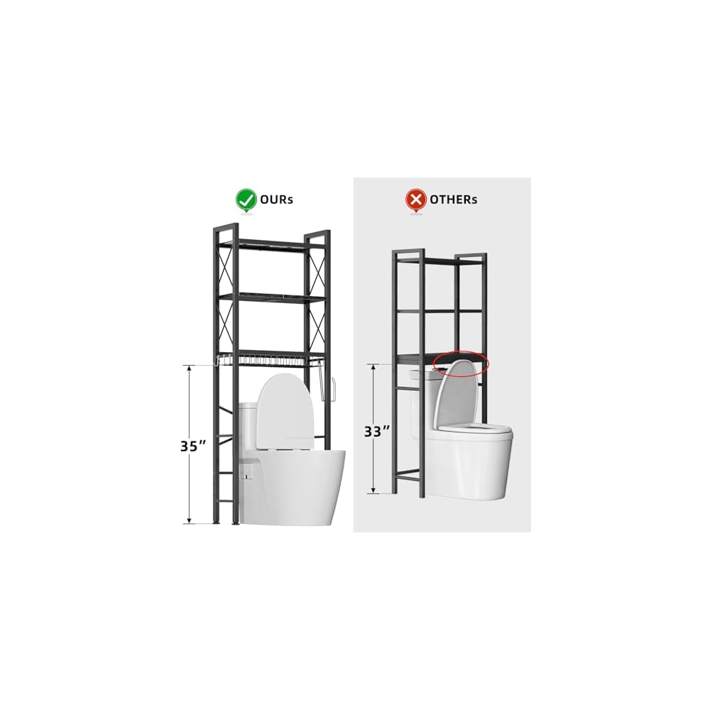 Kalrin Over The Toilet Storage with X Shape Side Guardrail, 3-Tier Over Toilet Storage Rack with Drain Basket, Freestanding Bathroom Organizer for Balcony Laundry, Pure Black
