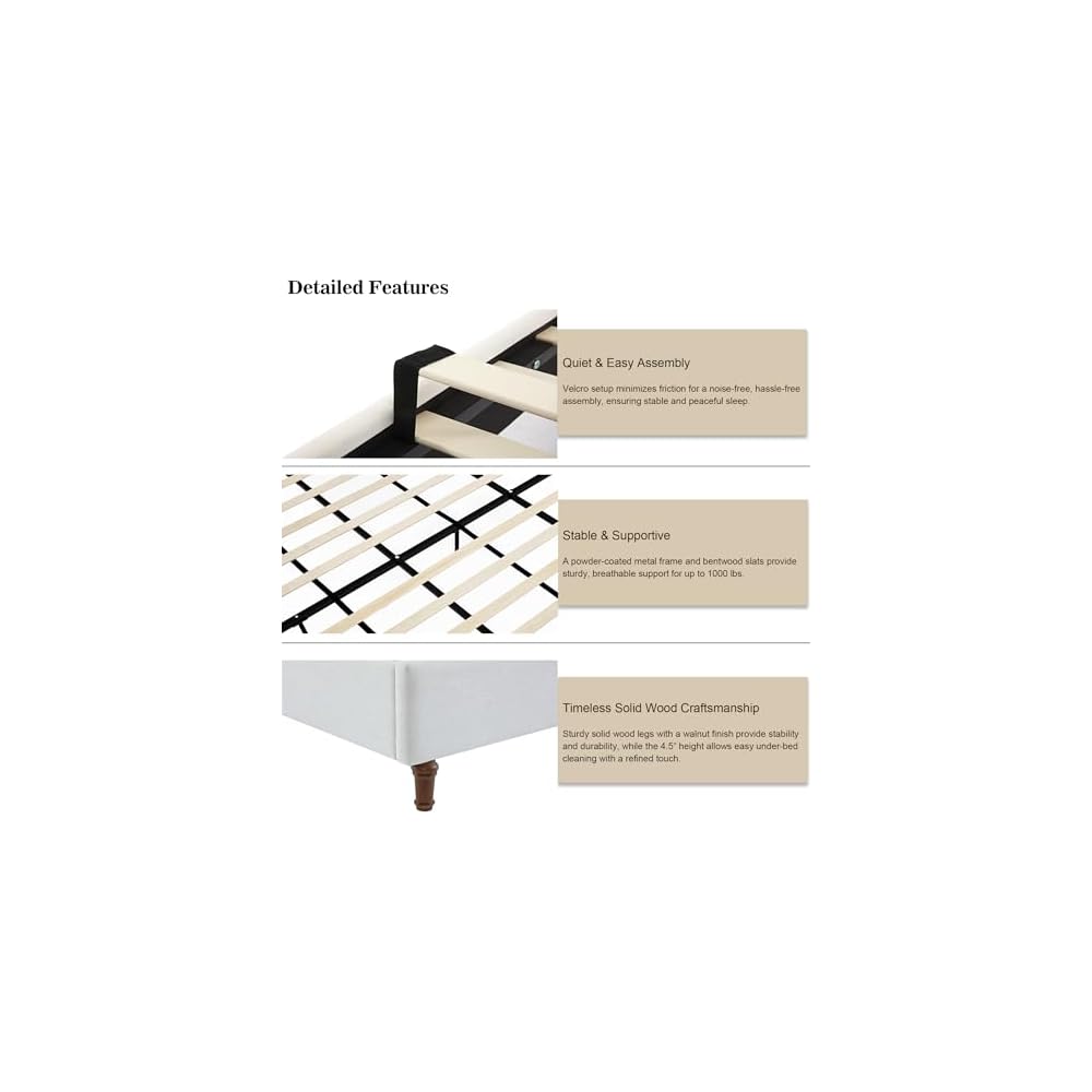 Upholstered Platform Wingback Bed Frame with 54" High Headboard, Solid Walnut Wood Feet, Sturdy Metal & Wood Slats (Chenille, Ivory White-R7902, Queen (U.S. Standard))
