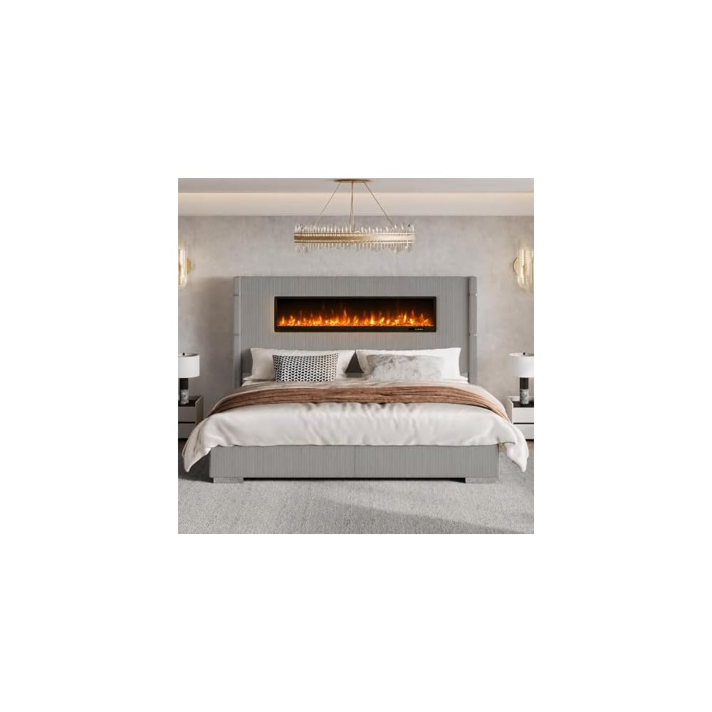 AMERLIFE Cal King Fireplace Bed Frame, Upholstered Headboard, Light Gray