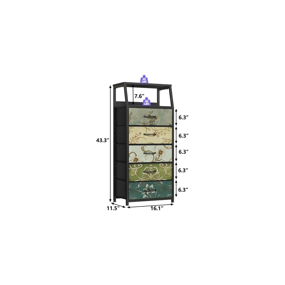 Furnulem 5 Drawers Dresser for Bedroom, Fabric Tall Nightstand