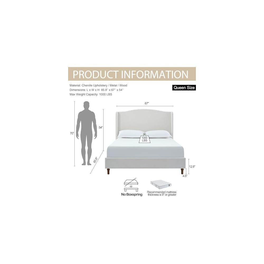 Upholstered Platform Wingback Bed Frame with 54" High Headboard, Solid Walnut Wood Feet, Sturdy Metal & Wood Slats (Chenille, Ivory White-R7902, Queen (U.S. Standard))