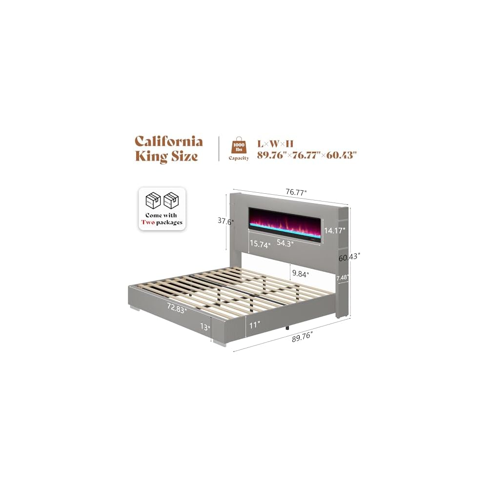 AMERLIFE Cal King Fireplace Bed Frame, Upholstered Headboard, Light Gray
