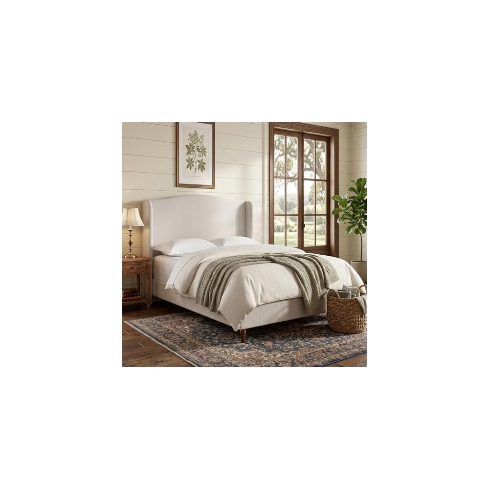 Upholstered Platform Wingback Bed Frame with 54" High Headboard, Solid Walnut Wood Feet, Sturdy Metal & Wood Slats (Chenille, Ivory White-R7902, Queen (U.S. Standard))