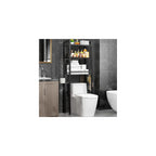 Kalrin Over The Toilet Storage with X Shape Side Guardrail, 3-Tier Over Toilet Storage Rack with Drain Basket, Freestanding Bathroom Organizer for Balcony Laundry, Pure Black
