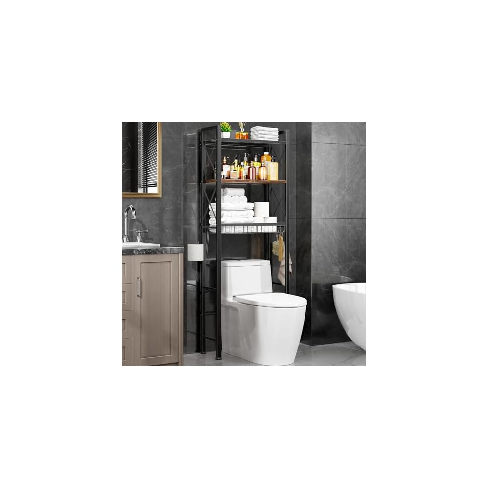 Kalrin Over The Toilet Storage with X Shape Side Guardrail, 3-Tier Over Toilet Storage Rack with Drain Basket, Freestanding Bathroom Organizer for Balcony Laundry, Pure Black