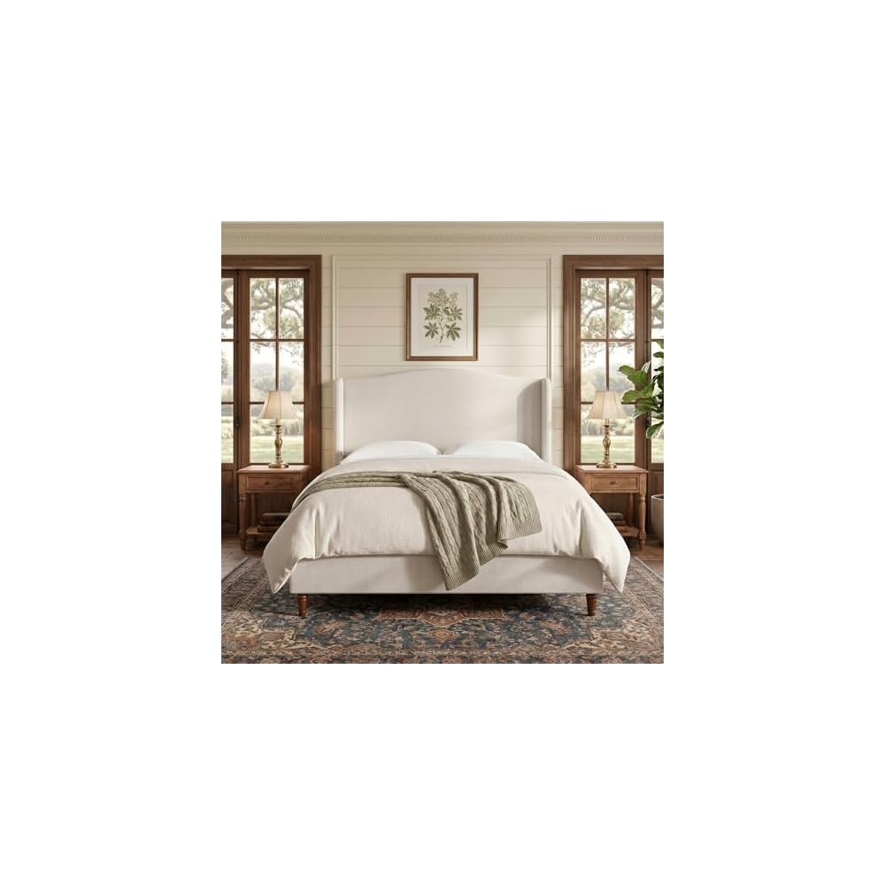 Upholstered Platform Wingback Bed Frame with 54" High Headboard, Solid Walnut Wood Feet, Sturdy Metal & Wood Slats (Chenille, Ivory White-R7902, Queen (U.S. Standard))