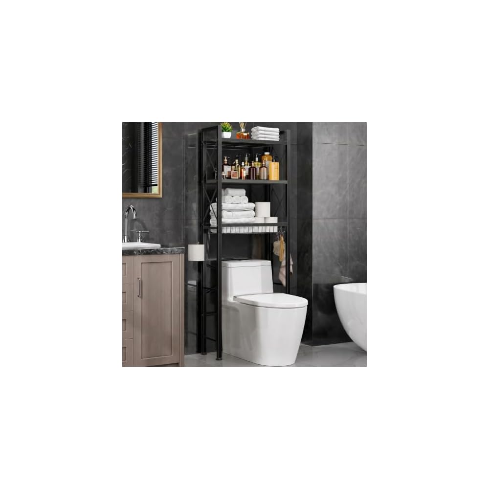 Kalrin Over The Toilet Storage with X Shape Side Guardrail, 3-Tier Over Toilet Storage Rack with Drain Basket, Freestanding Bathroom Organizer for Balcony Laundry, Pure Black