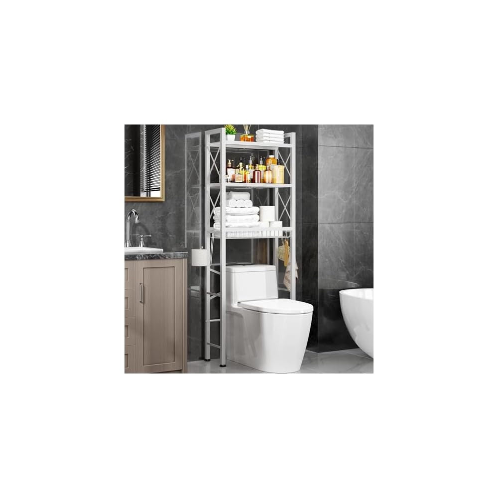 Kalrin Over The Toilet Storage with X Shape Side Guardrail, 3-Tier Over Toilet Storage Rack with Drain Basket, Freestanding Bathroom Organizer for Balcony Laundry, Pure Black