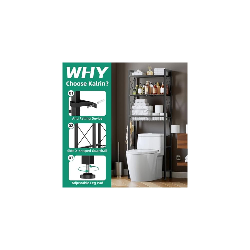 Kalrin Over The Toilet Storage with X Shape Side Guardrail, 3-Tier Over Toilet Storage Rack with Drain Basket, Freestanding Bathroom Organizer for Balcony Laundry, Pure Black