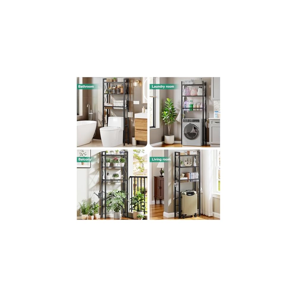 Kalrin Over The Toilet Storage with X Shape Side Guardrail, 3-Tier Over Toilet Storage Rack with Drain Basket, Freestanding Bathroom Organizer for Balcony Laundry, Pure Black