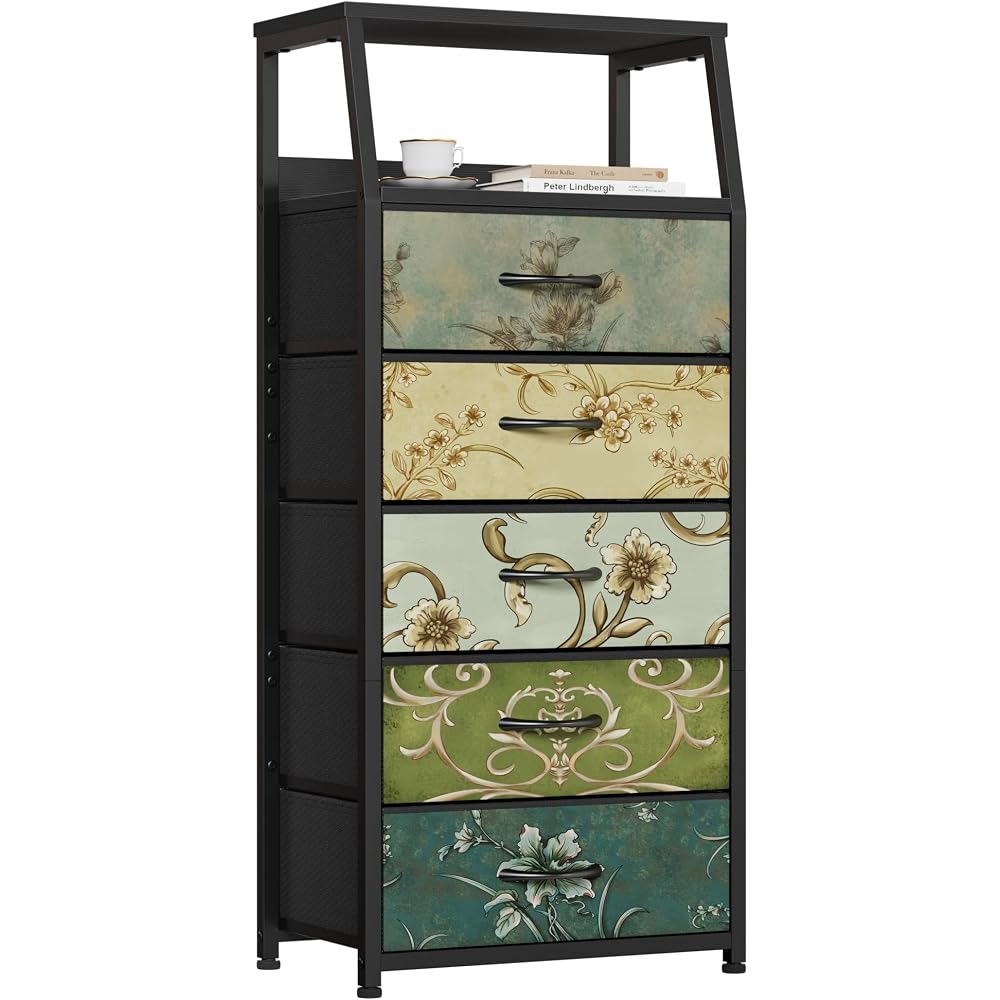 Furnulem 5 Drawers Dresser for Bedroom, Fabric Tall Nightstand